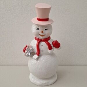 Peppermint Square Snowman with candy cane and pink top hat Figurine Vintage 12"